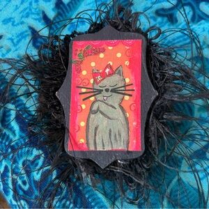 Whimsical Hand Painted Artisan Cat Brooch with Black Fringe